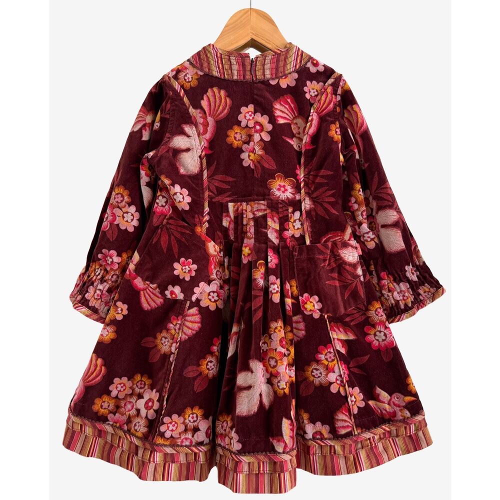 Oilily Girls Velvet Dress Bird Floral Print Pleated Whimsical Boho Vintage - Picture 4 of 6
